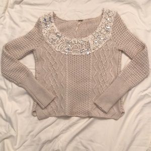 Free People Cream Sweater with jewels near neck
